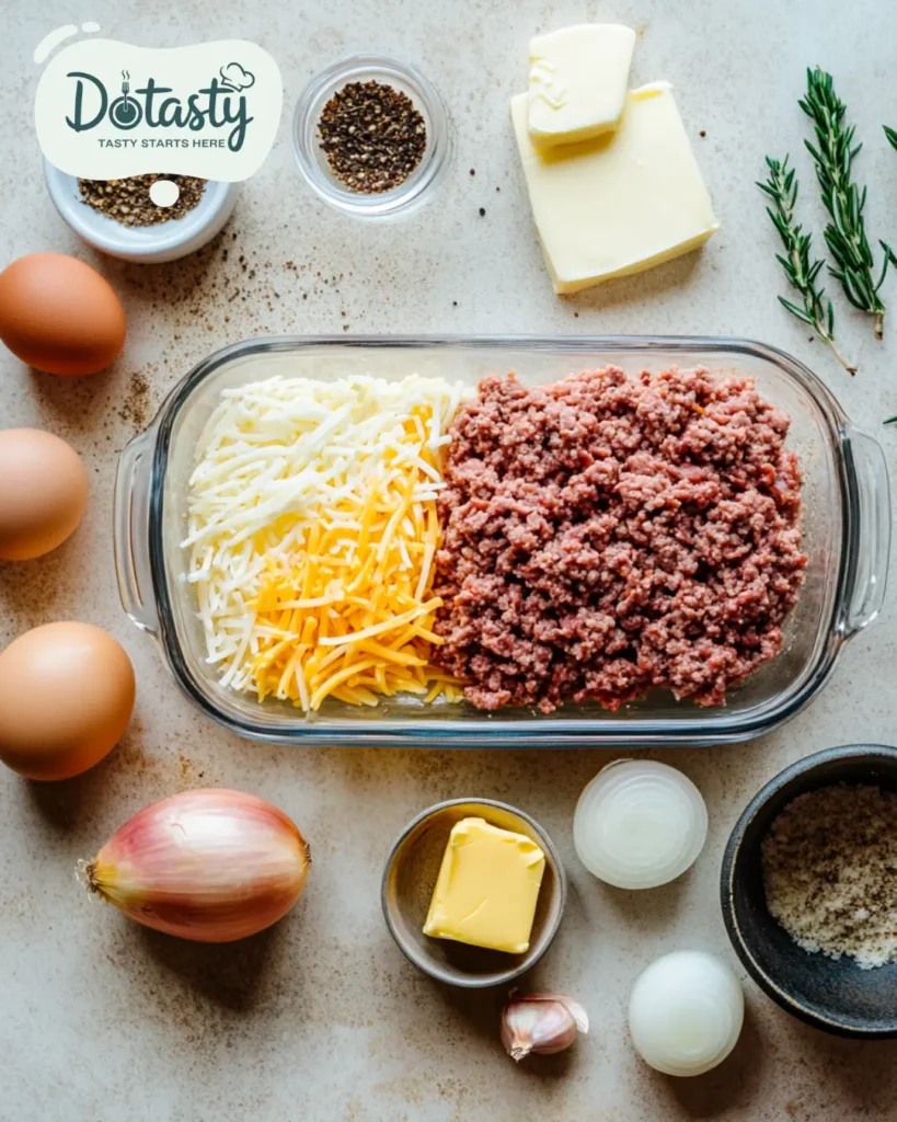 All ingredients for slow cooker French onion meatballs neatly laid out
