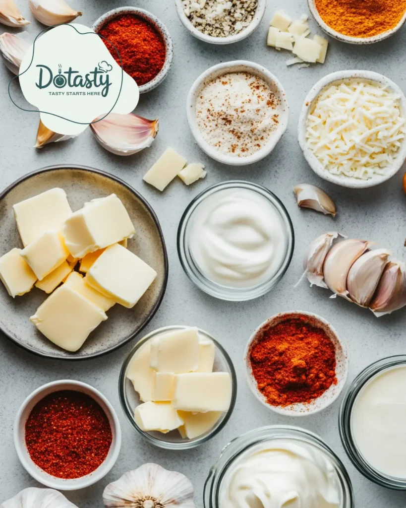 All raw ingredients for Cajun cream sauce arranged on a countertop