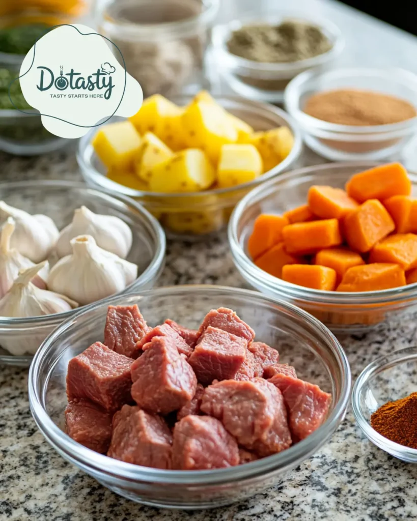 All raw ingredients laid out for Puerto Rican beef stew