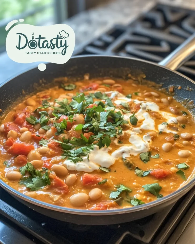 Beans, broth, tomatoes, and cream added to the skillet.