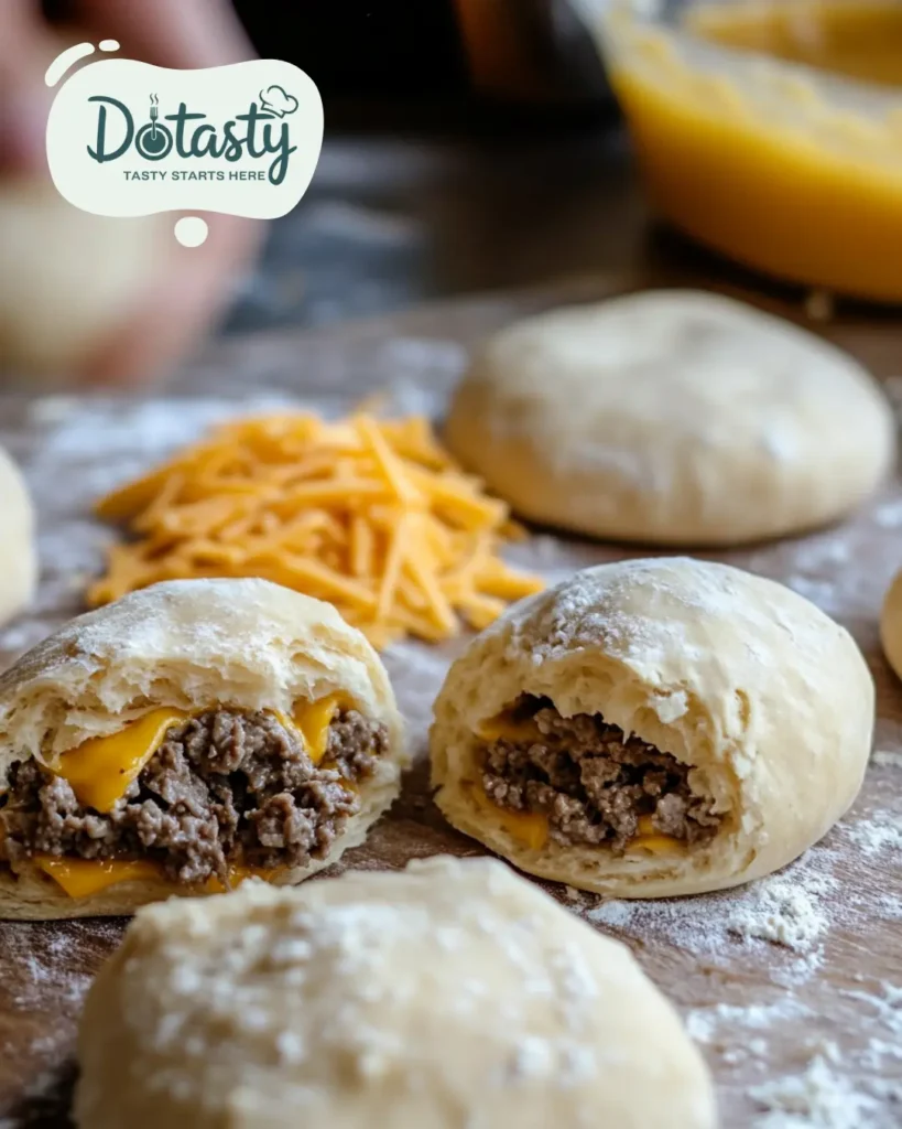 Biscuit dough being filled with beef and cheese and sealed shut.