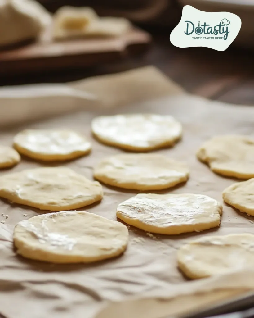 Biscuit dough rounds flattened and ready for filling.