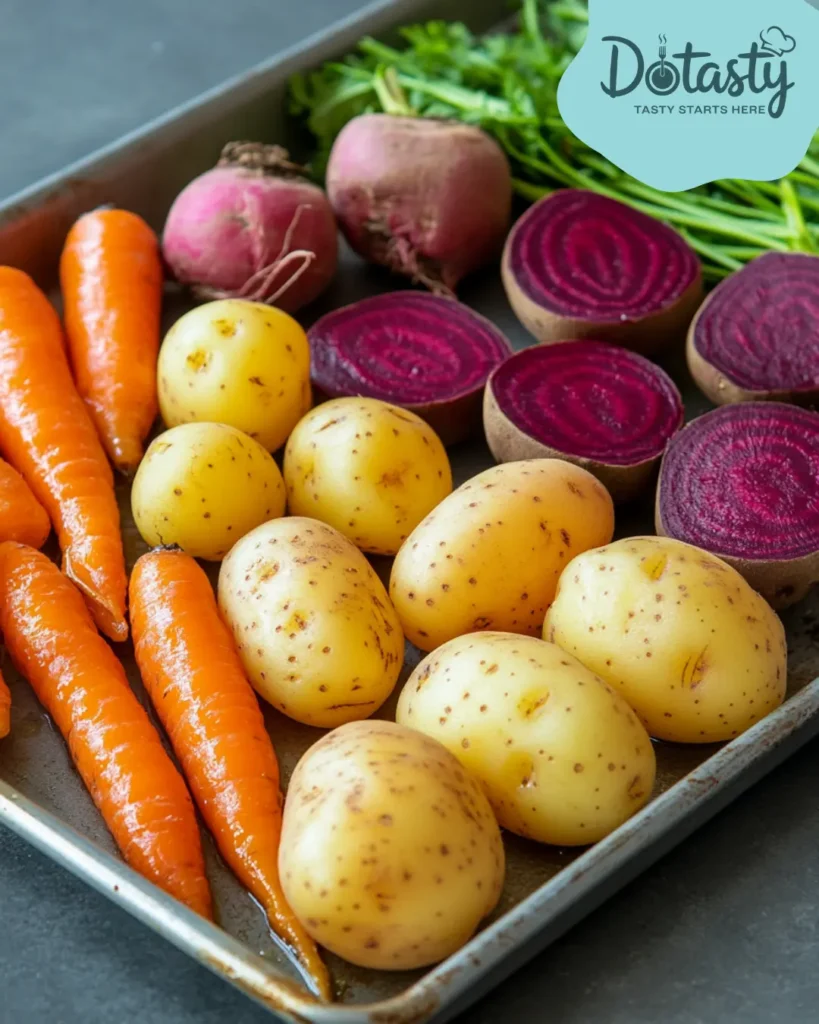 Boiled potatoes, carrots, and beets cooling on a tray