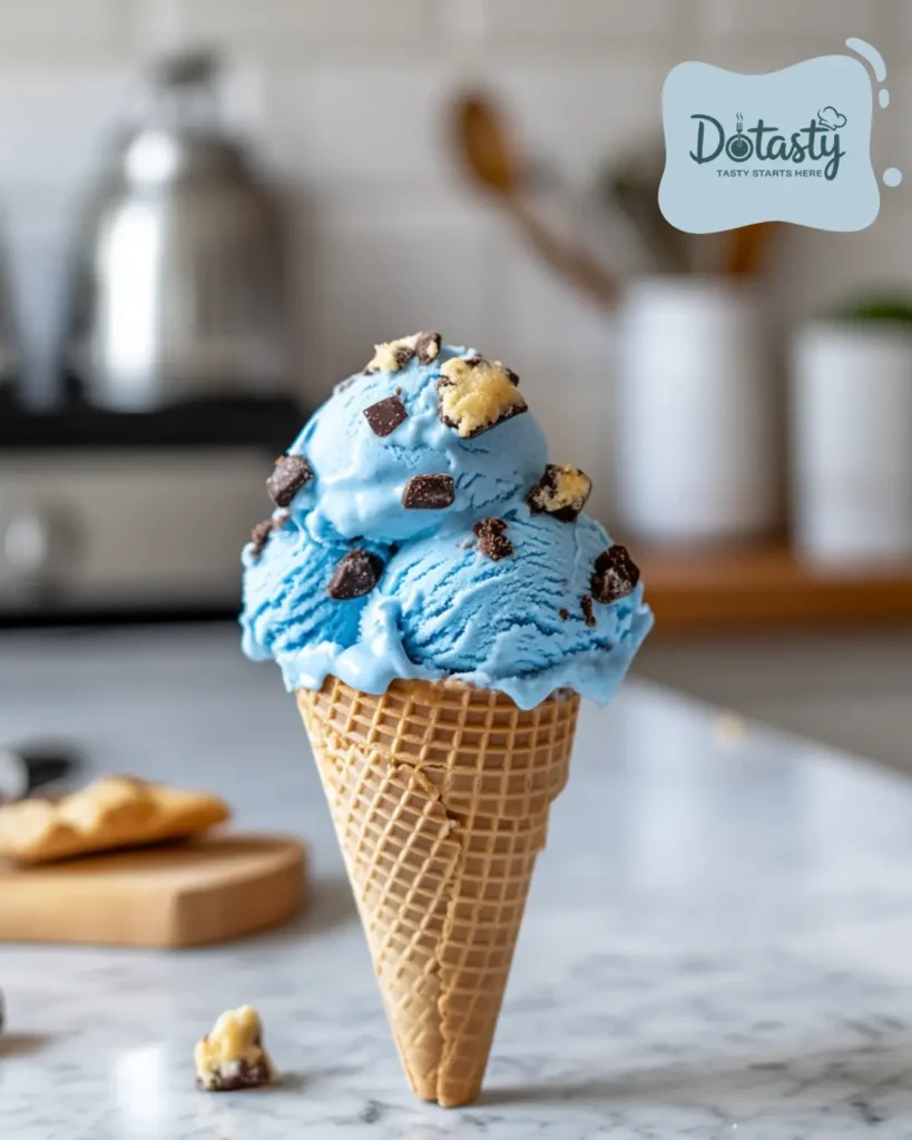 Bright blue cookie monster ice cream with cookie chunks, served in a cone.