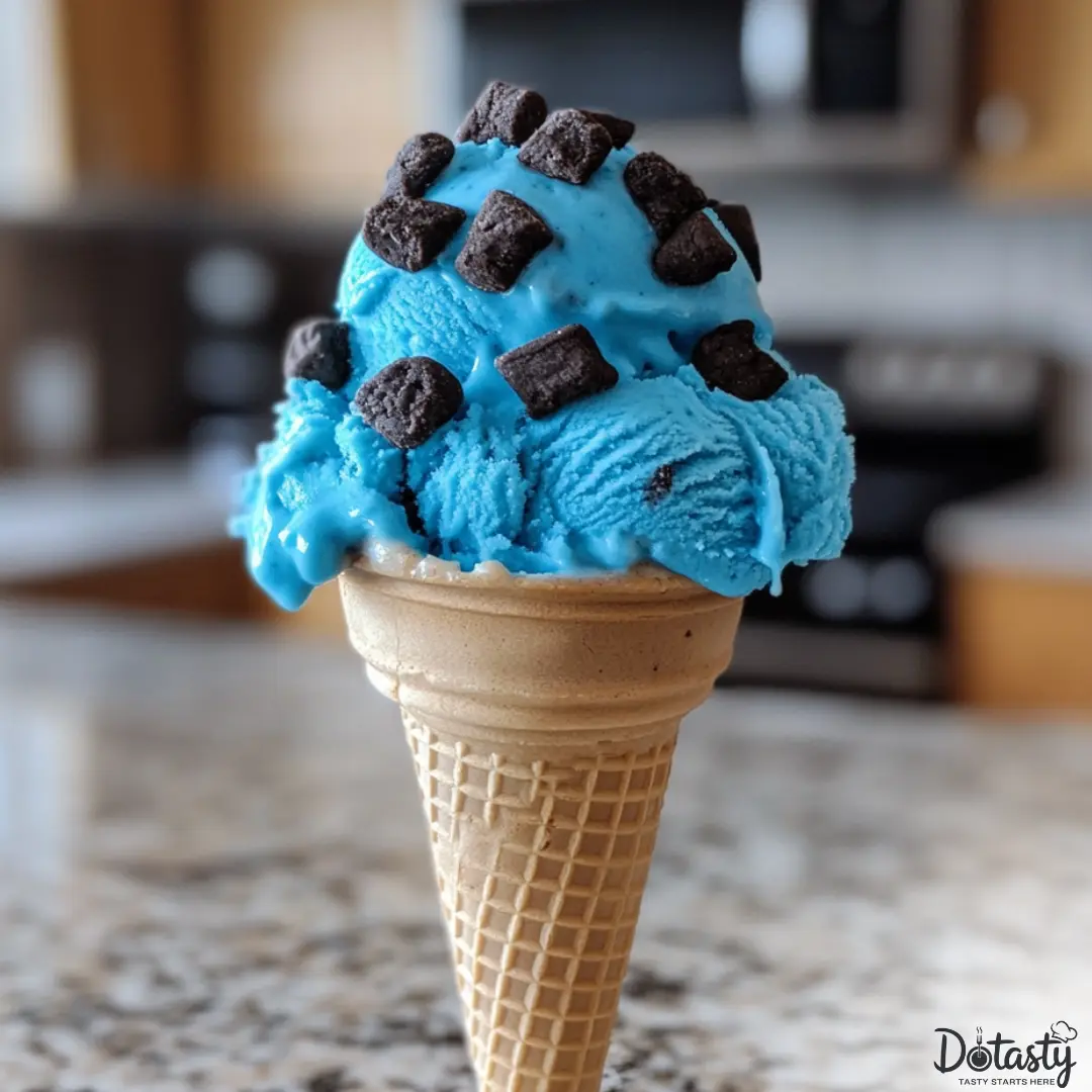 Bright blue cookie monster ice cream with cookie chunks, served in a cone.