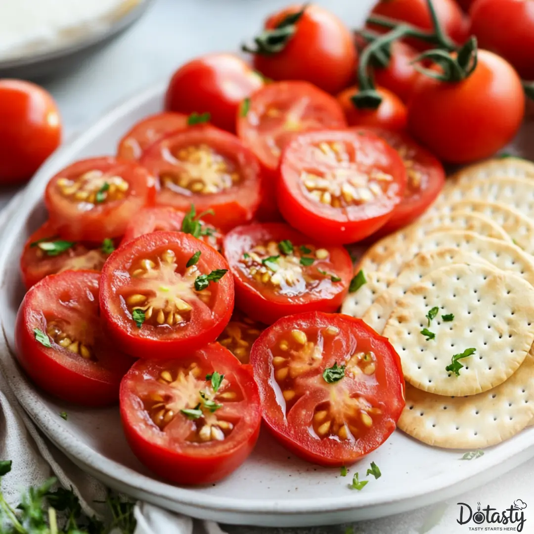 Pickled tomatoes on a platter with cheese and crackers.