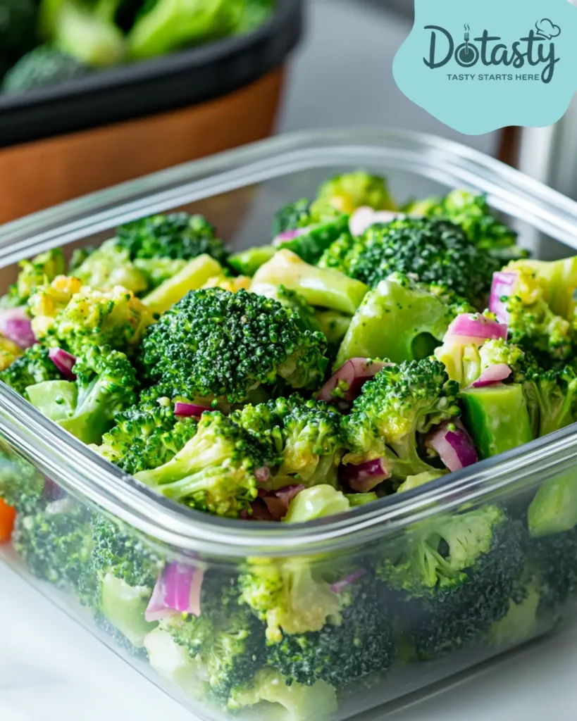 Broccoli salad in a glass container with lid, stored in the fridge.