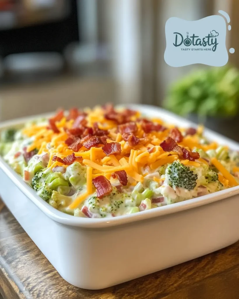 Chicken Salad Chick Broccoli Salad in a white serving bowl, topped with bacon and cheddar cheese.