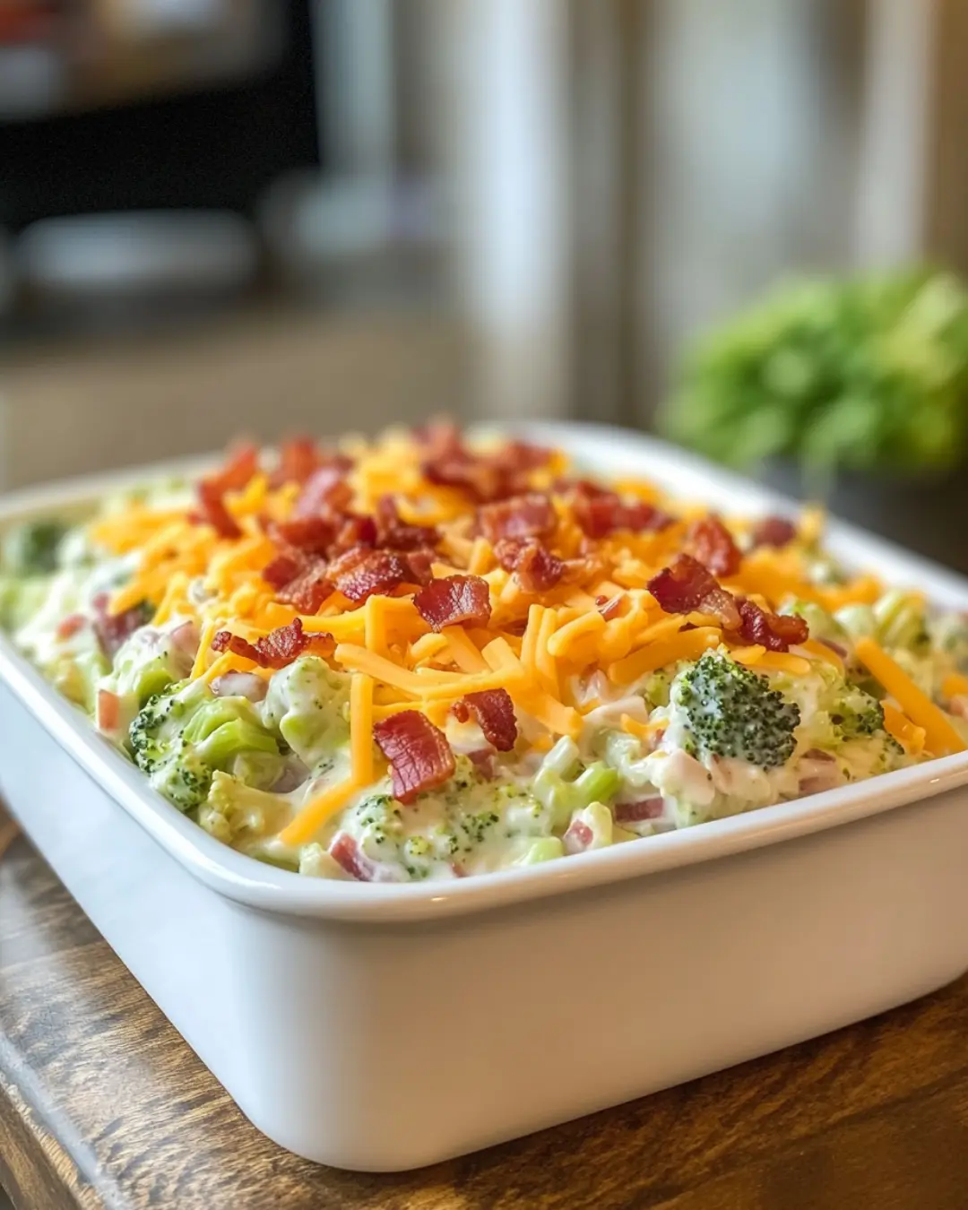 Broccoli salad in a white serving bowl, topped with bacon and cheddar cheese.