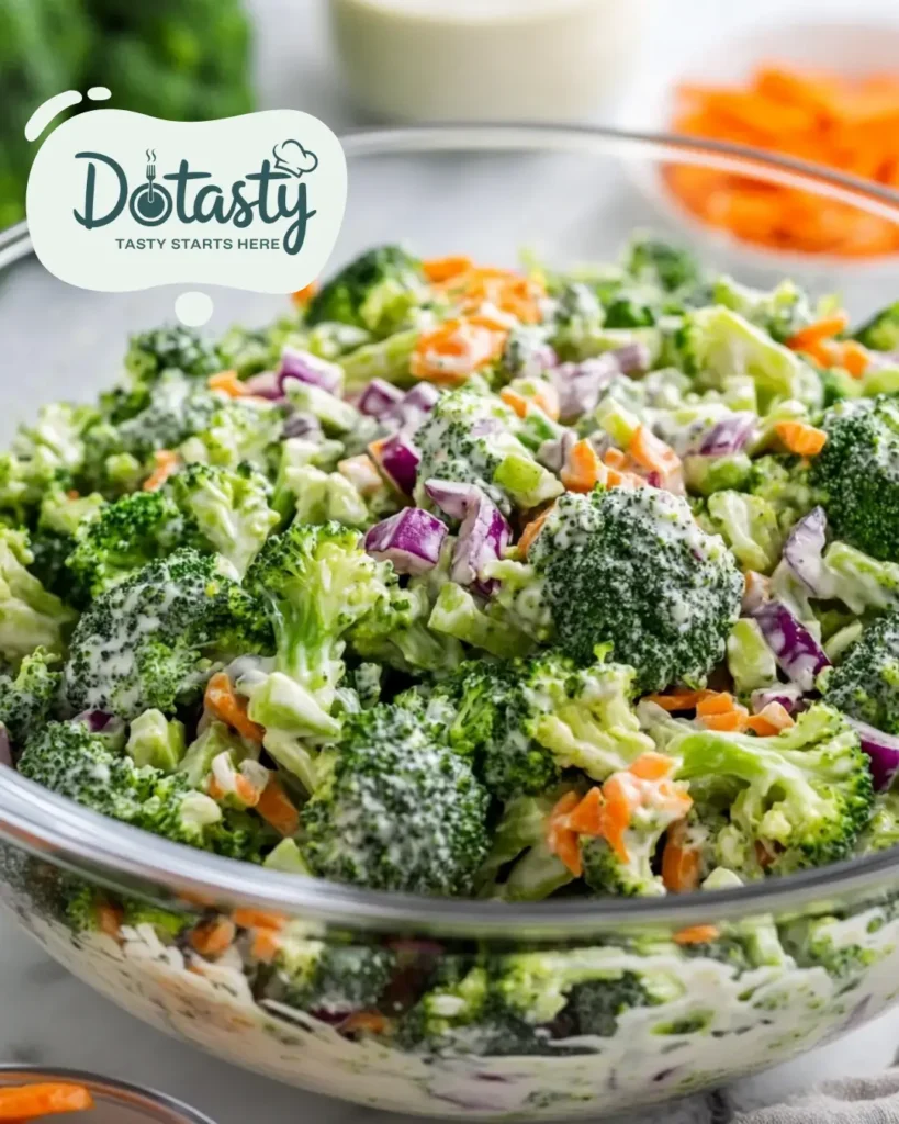 Broccoli salad ingredients being tossed in a large bowl with creamy dressing.