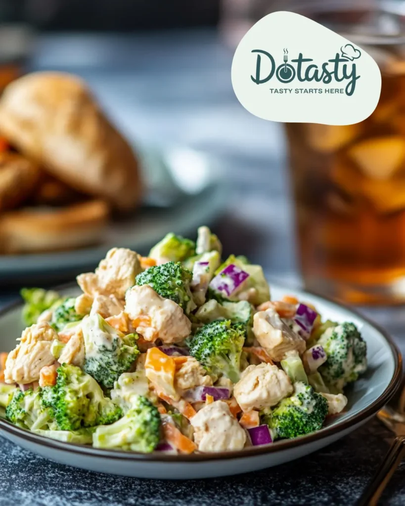 Broccoli salad on a plate beside a chicken sandwich and iced tea glass.