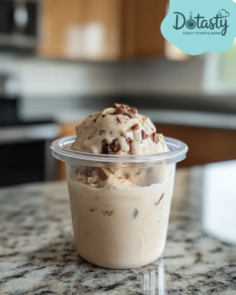 Brown butter ice cream in lidded glass container stored in freezer