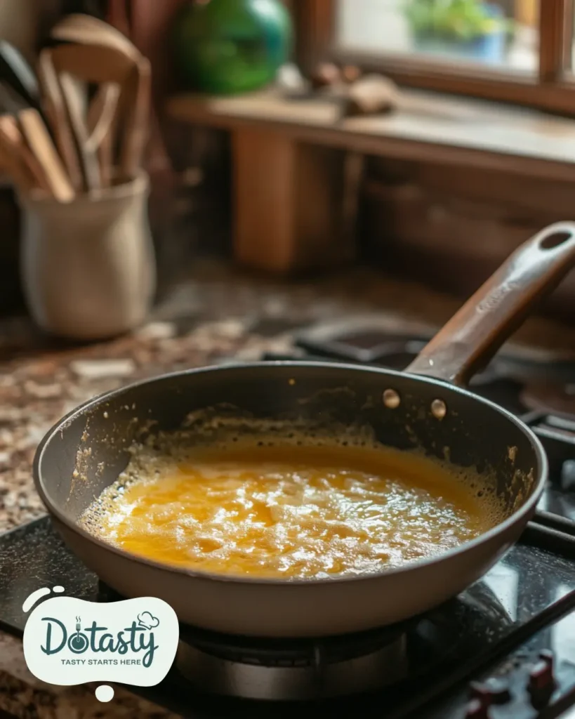 Butter browning in saucepan with golden flecks forming