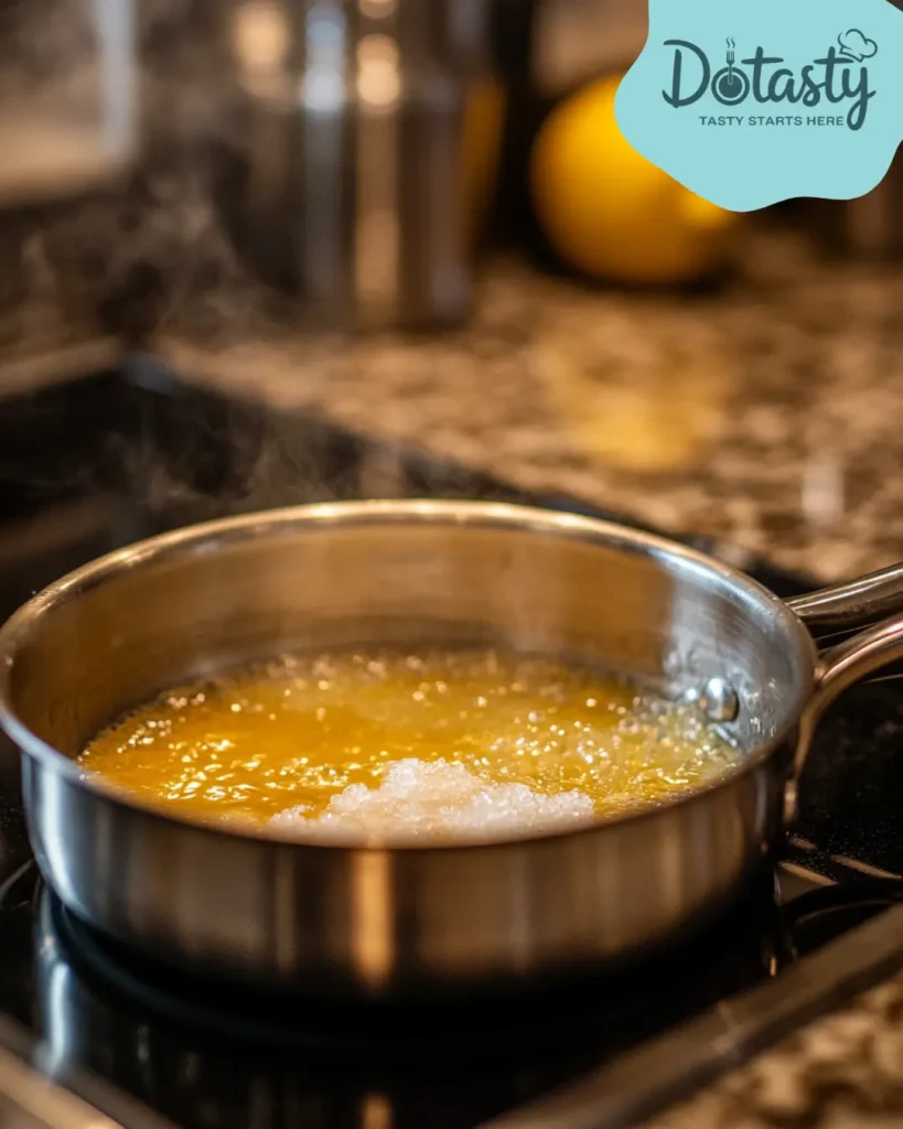Butter, sugar, and lemon cooking in a saucepan over medium heat