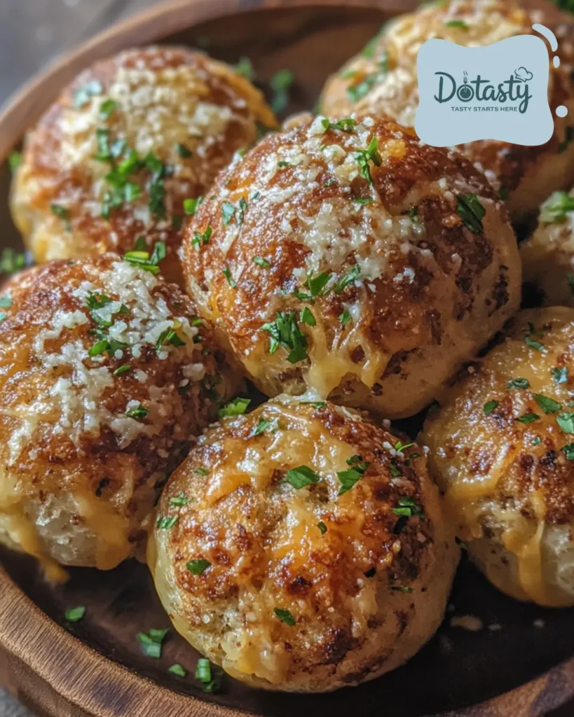 Buttery cheeseburger bombs topped with garlic parmesan, served hot.