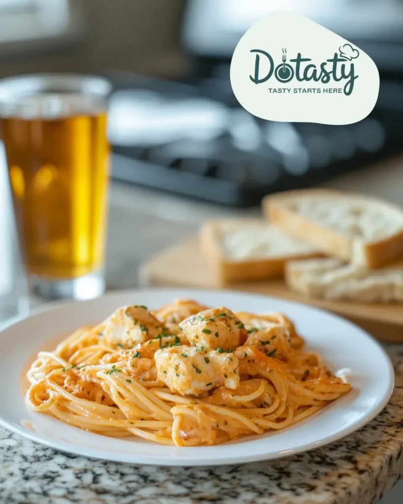 Cajun cream pasta plated with garlic bread and tea