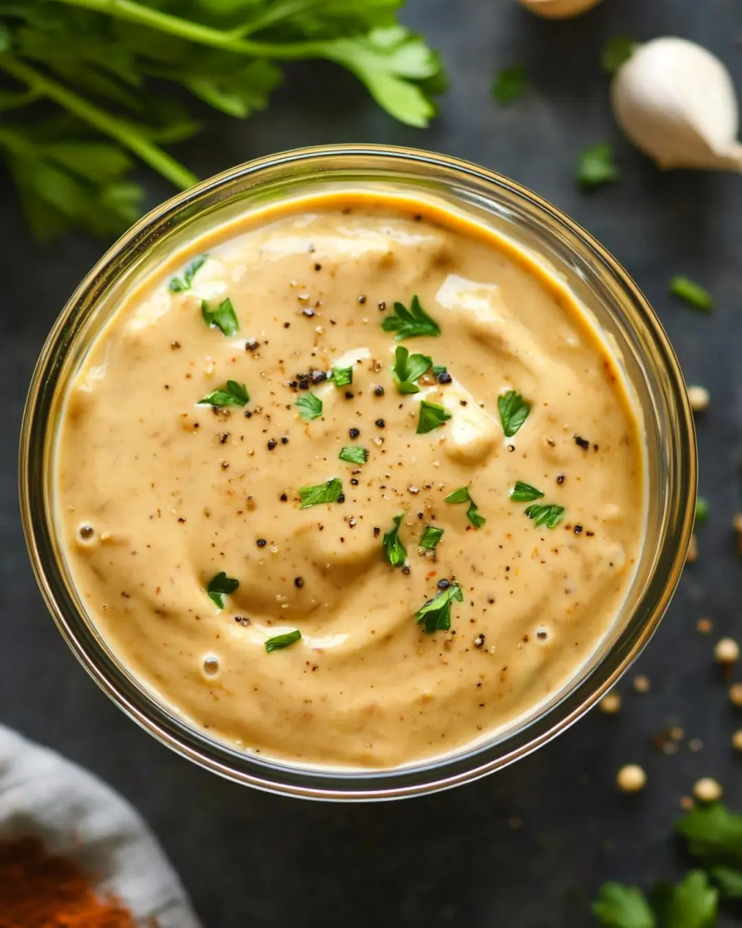 Cajun cream sauce in a glass bowl topped with cracked pepper and parsley