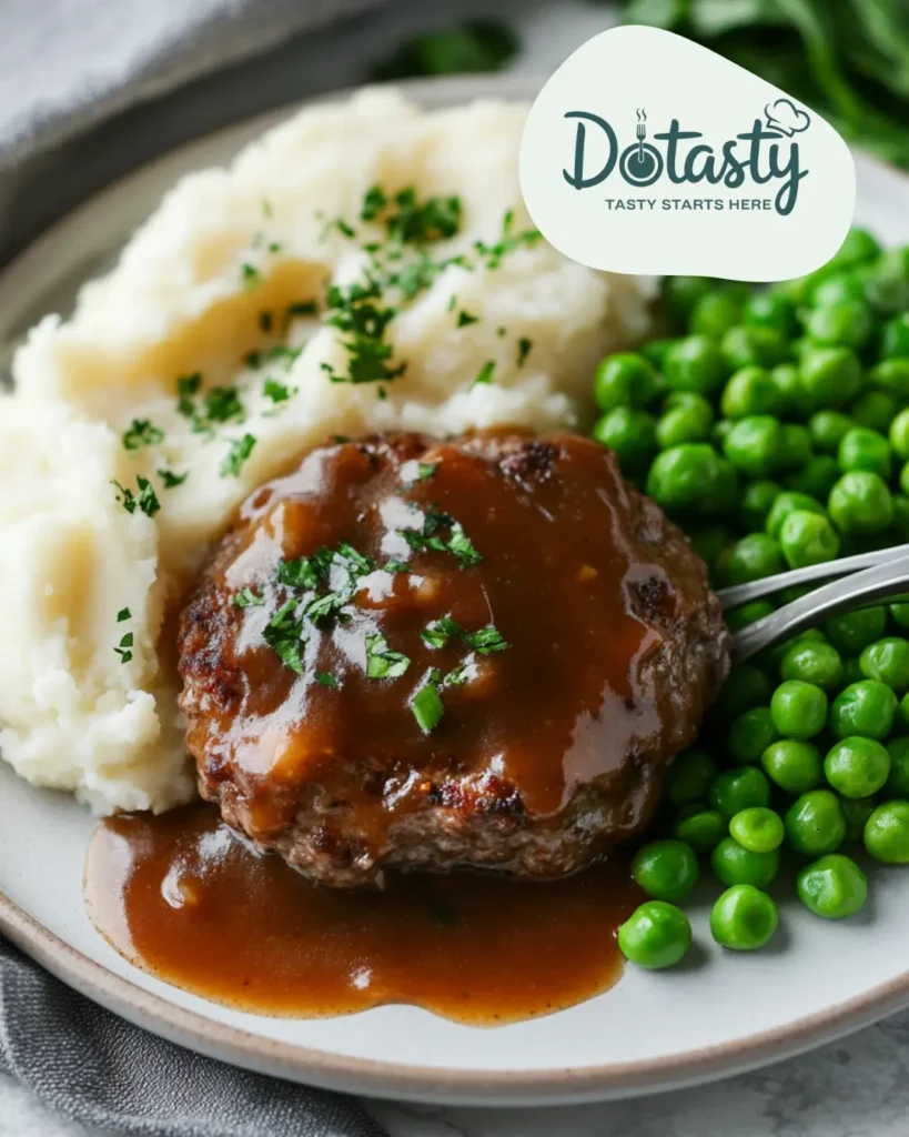 Casserole plate with Amish hamburger steak, mashed potatoes, and green vegetables