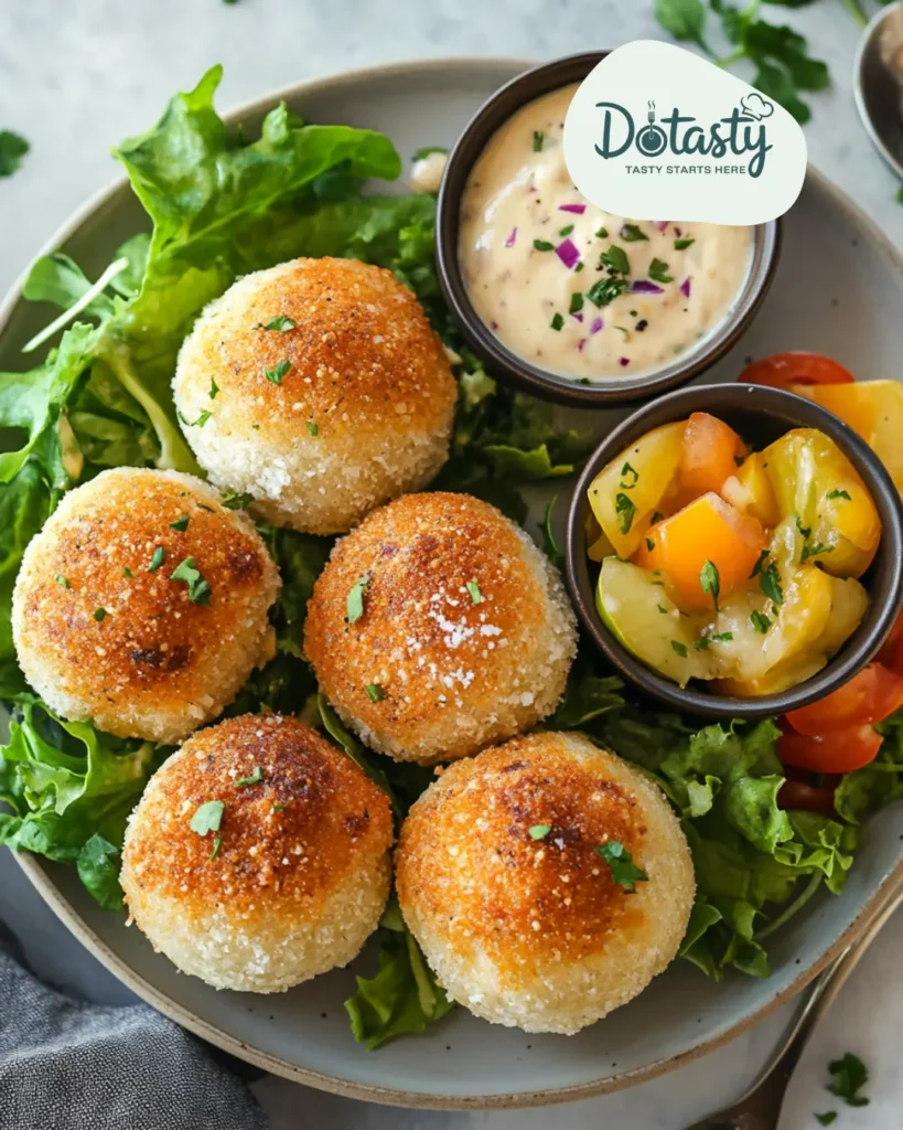 Cheeseburger bombs served with salad and lemon pepper dipping sauce.
