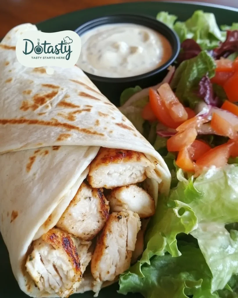 Cheesy garlic chicken wrap served with salad and dip