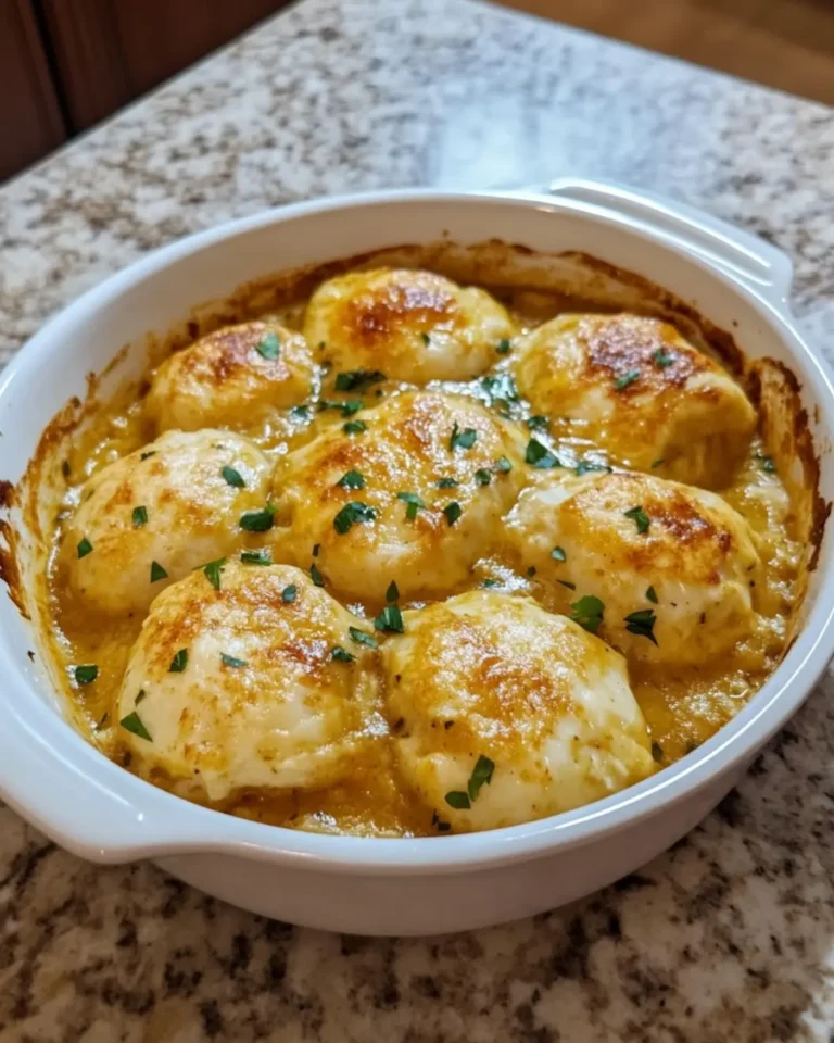 Chicken and dumpling casserole baked golden in white dish