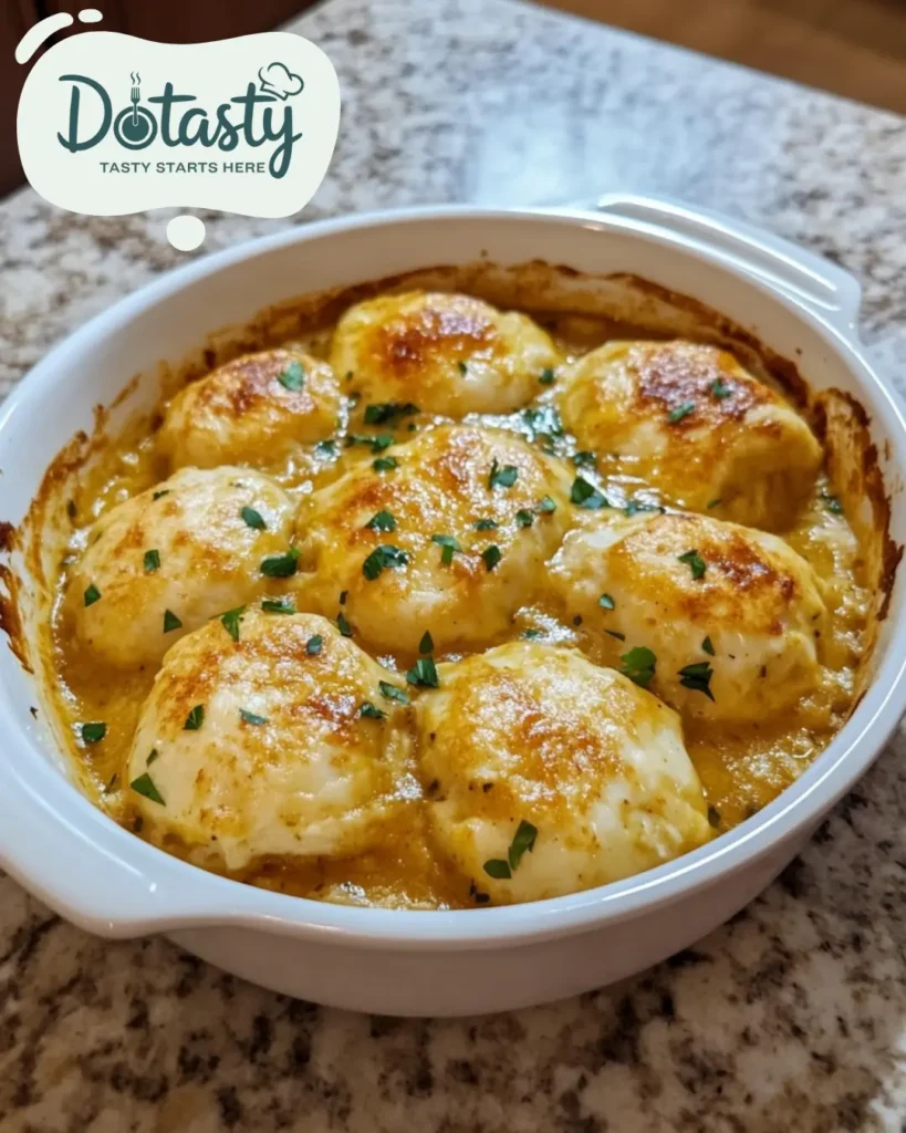 Chicken and dumpling casserole baked golden in white dish, top view