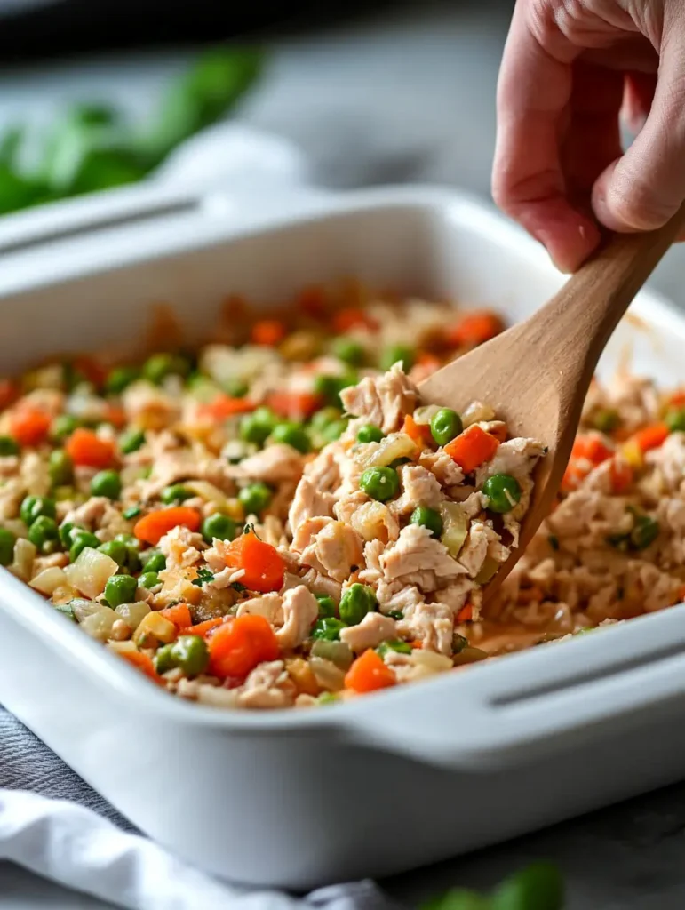 Chicken filling being spread into casserole dish