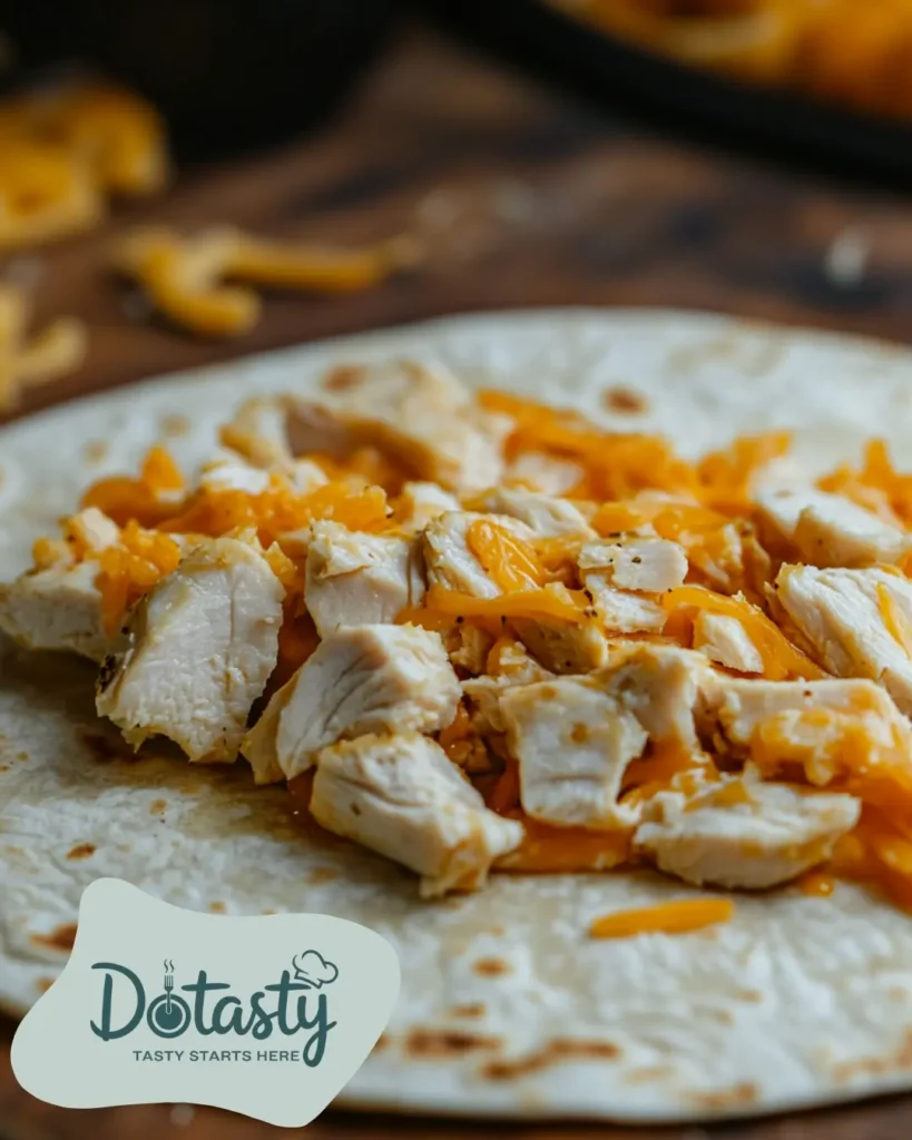 Chicken, garlic, and cheese being layered into a tortilla