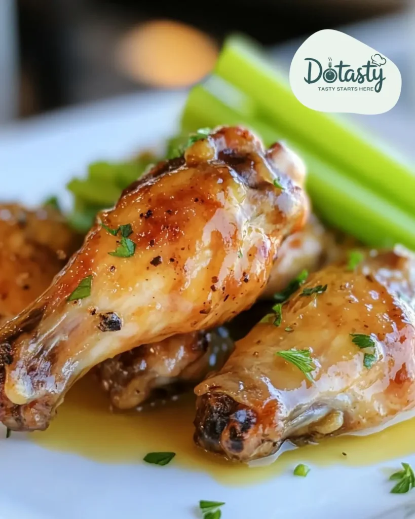 Chicken wings glazed in lemon pepper sauce with celery on the side