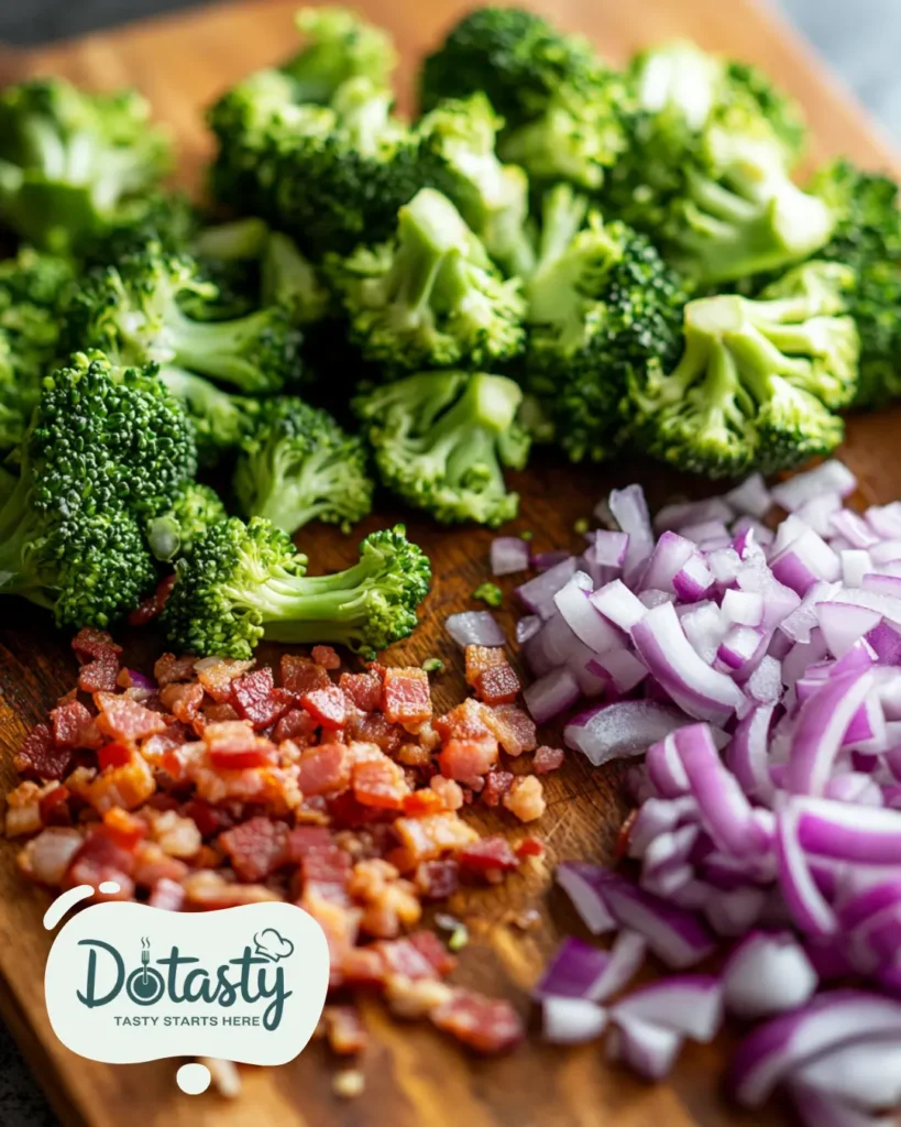 Chopped broccoli, crumbled bacon, and sliced red onion on a cutting board.