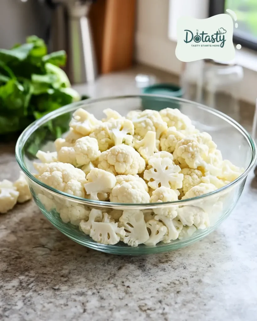 Chopped cauliflower florets in a bowl, ready for steaming.