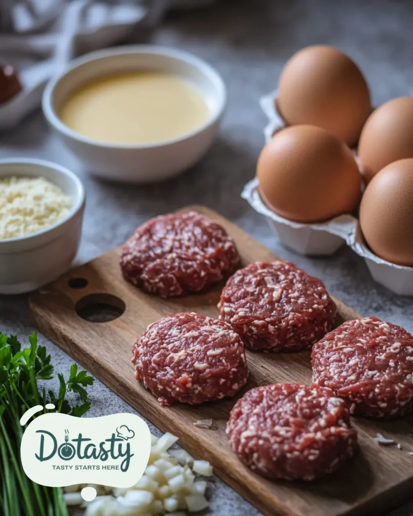 Chopped onions and formed hamburger patties laid out with seasoning