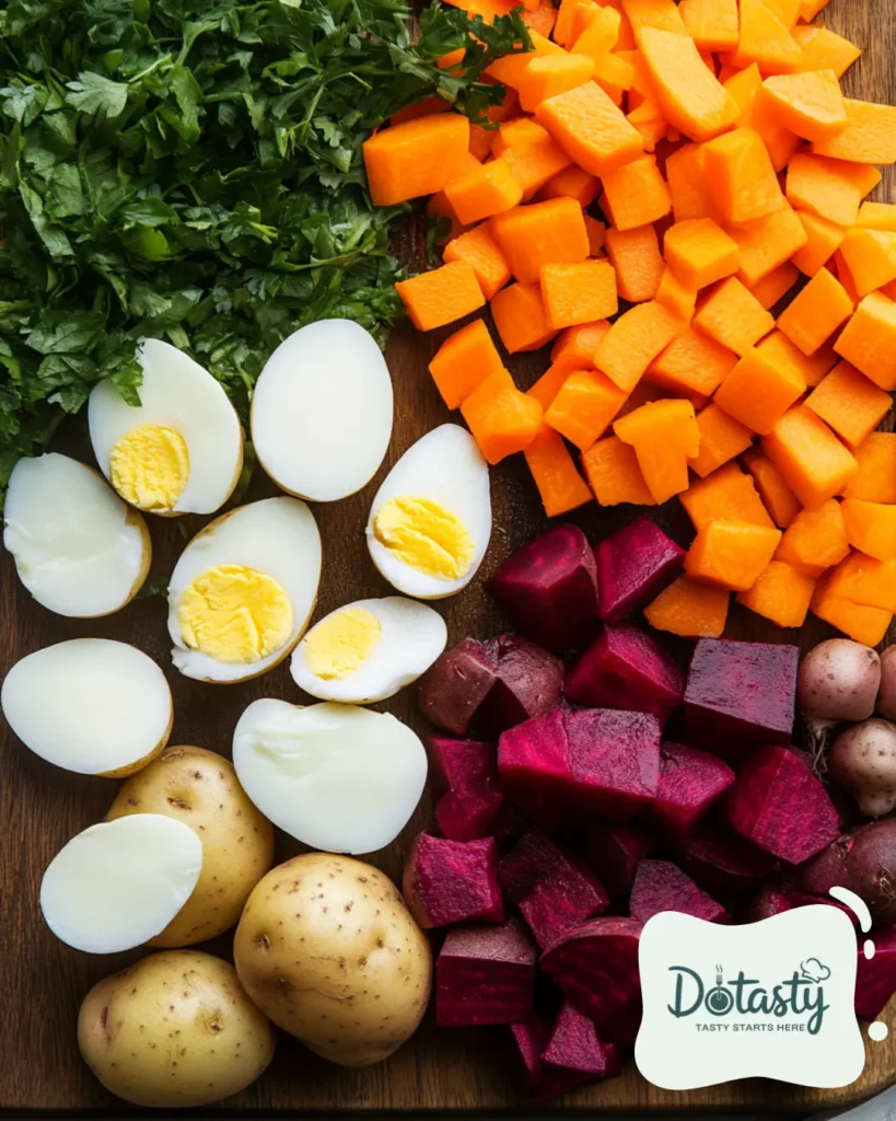 Chopped raw vegetables and eggs prepared for boiling