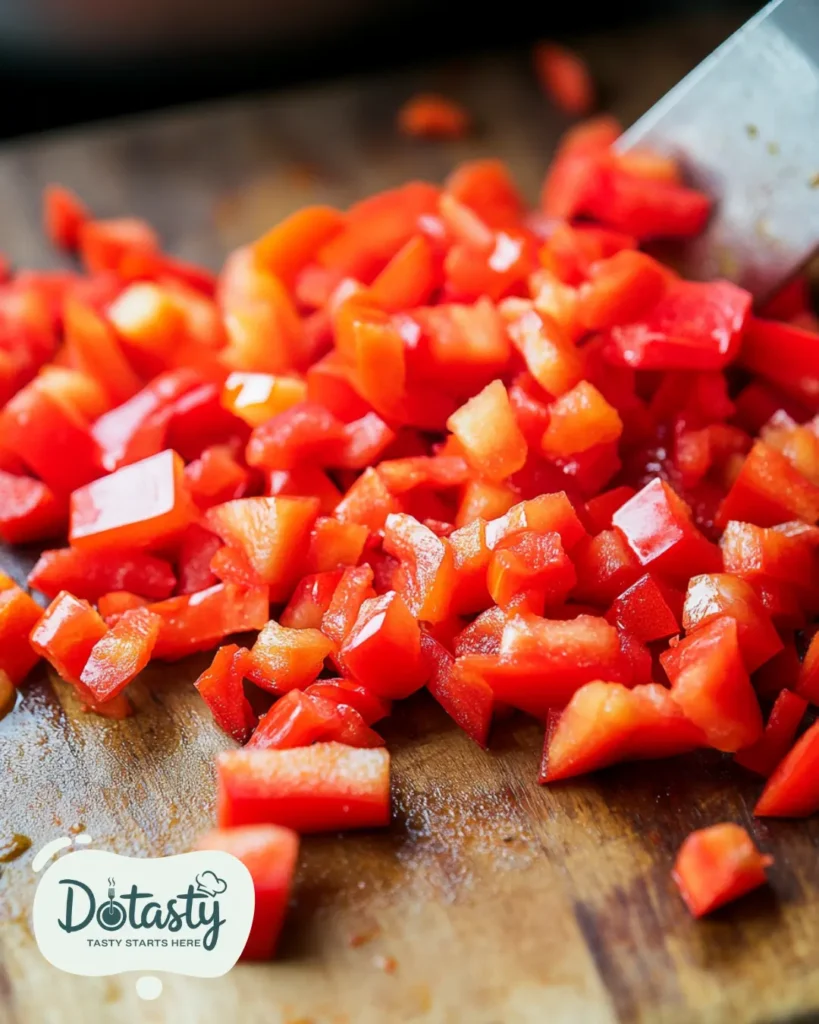 Chopped roasted red peppers on a cutting board.