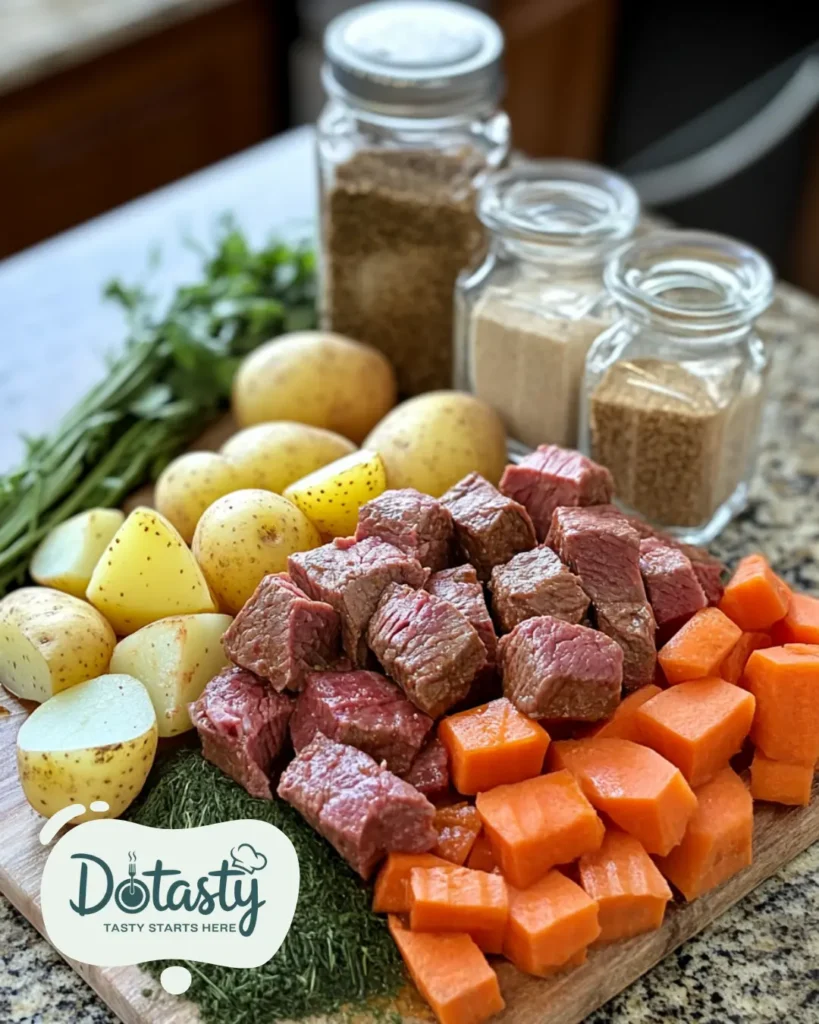 Chopped vegetables, cubed beef, and seasonings ready to go