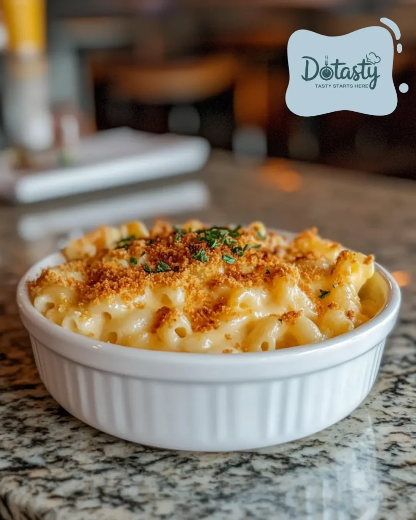 Classic mac and cheese bowl with golden crust and toppings