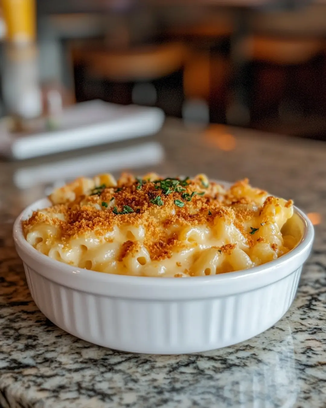 Classic mac and cheese bowl with golden crust and toppings