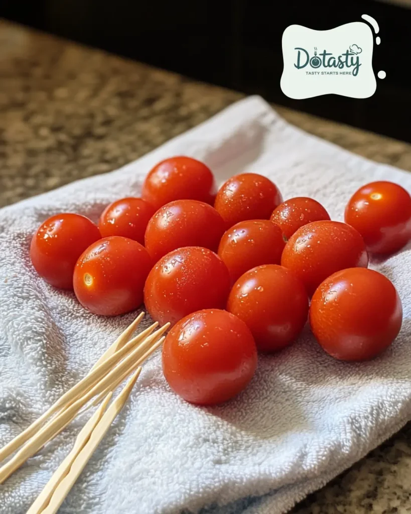 Cleaned cherry tomatoes on a towel next to a toothpick.