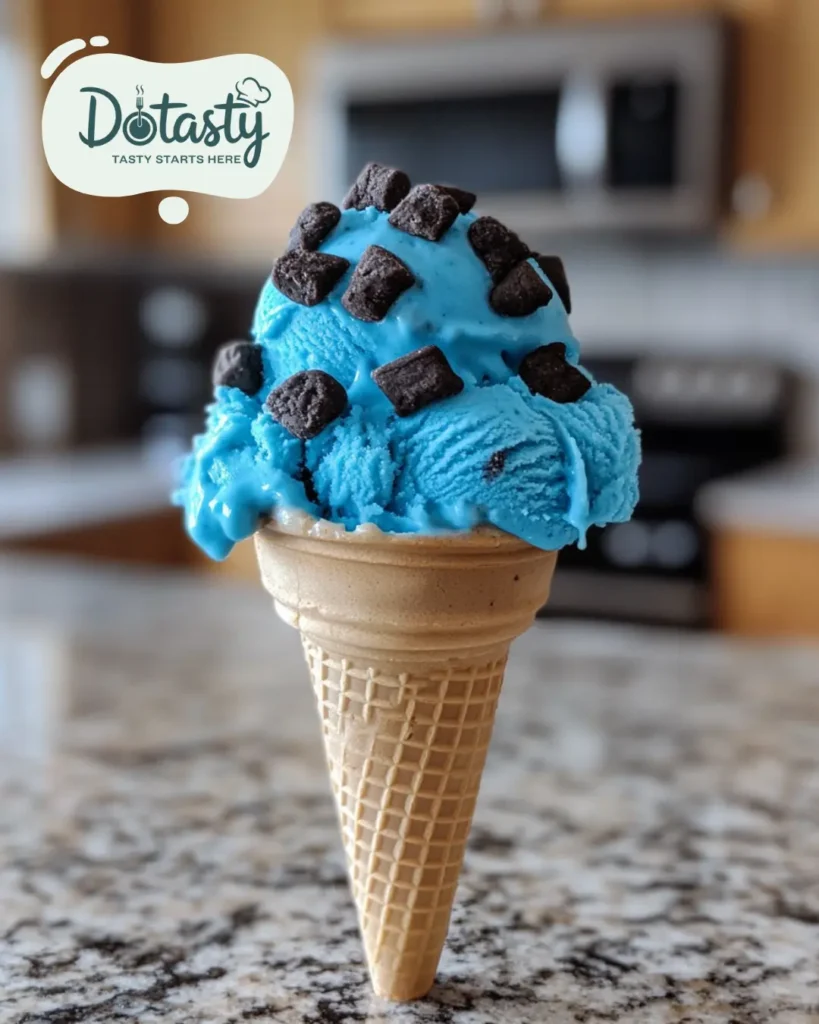 Cookie monster ice cream served in a cone with cookie toppings.