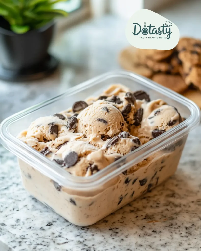 Cookie monster ice cream stored in a sealed container in freezer.