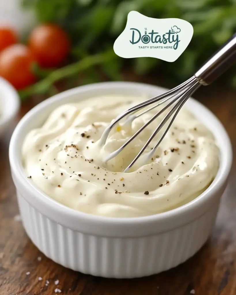Creamy dressing being whisked in a white bowl.