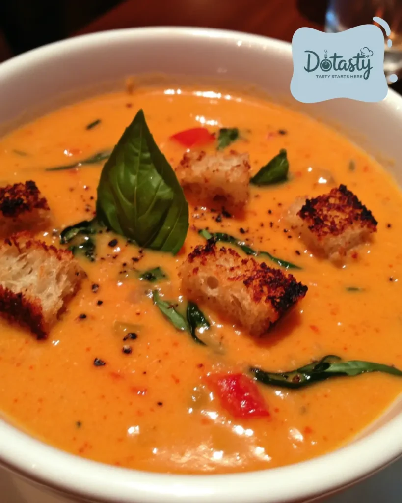Creamy roasted red pepper gouda soup in a white bowl with croutons and basil.