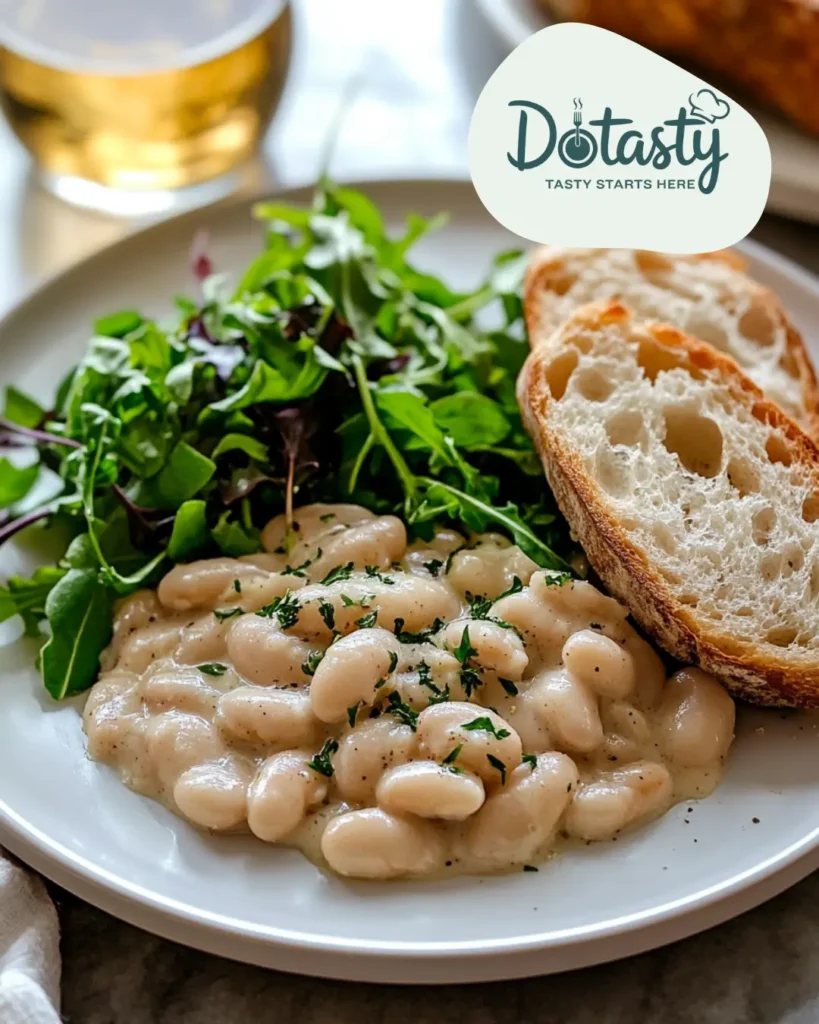 Creamy white bean skillet served with crusty bread and salad.