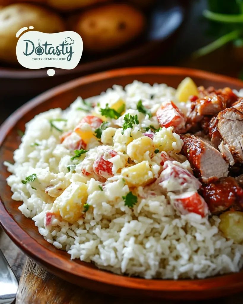 Dominican potato salad served with roast pork and rice