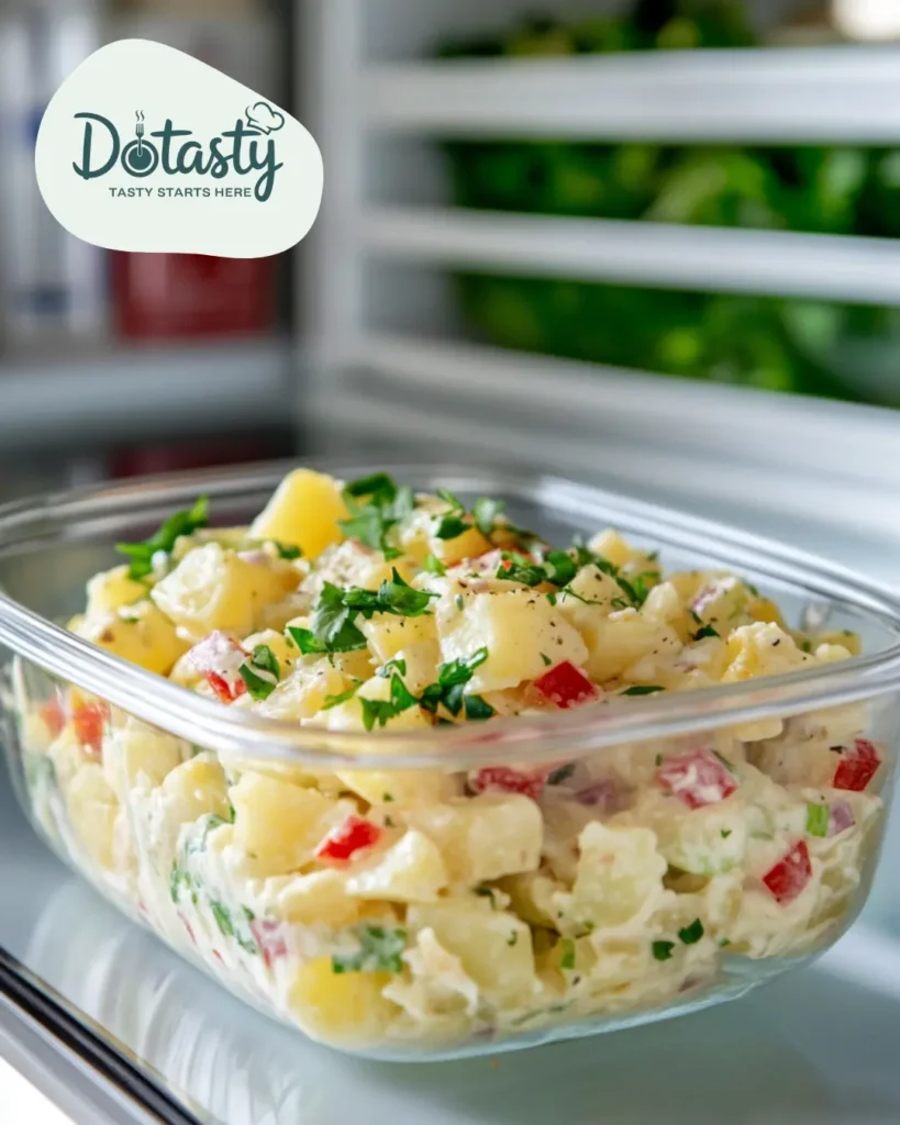Dominican potato salad stored in a glass container inside fridge