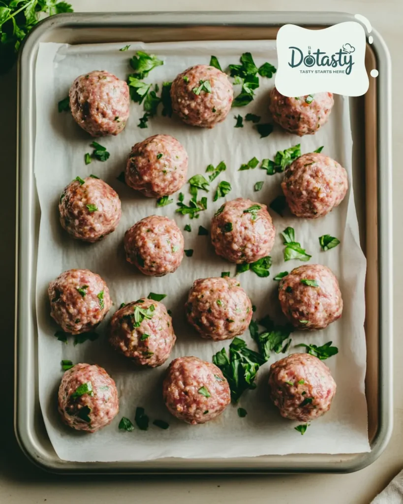 Forming seasoned beef mixture into meatballs