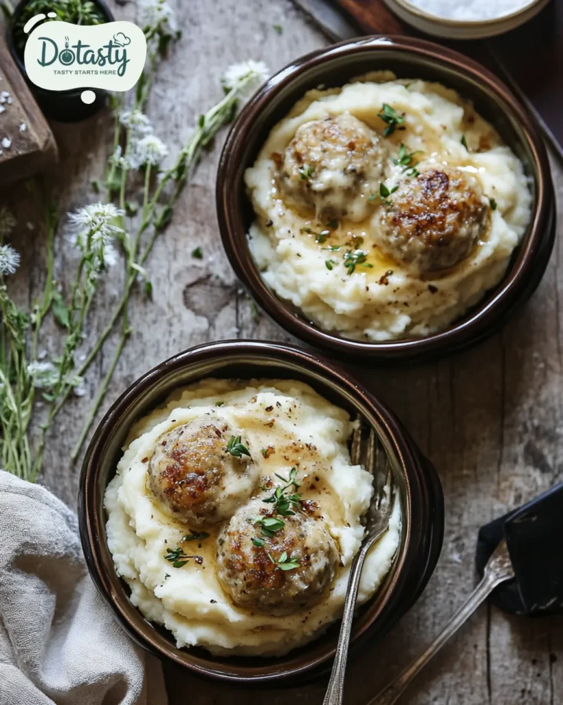 French onion meatballs plated with mashed potatoes and a roll