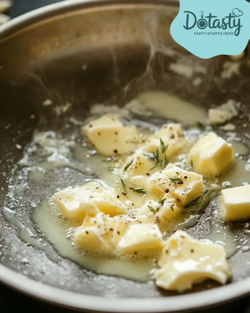 Garlic butter sizzling in a pan for grilled cheese