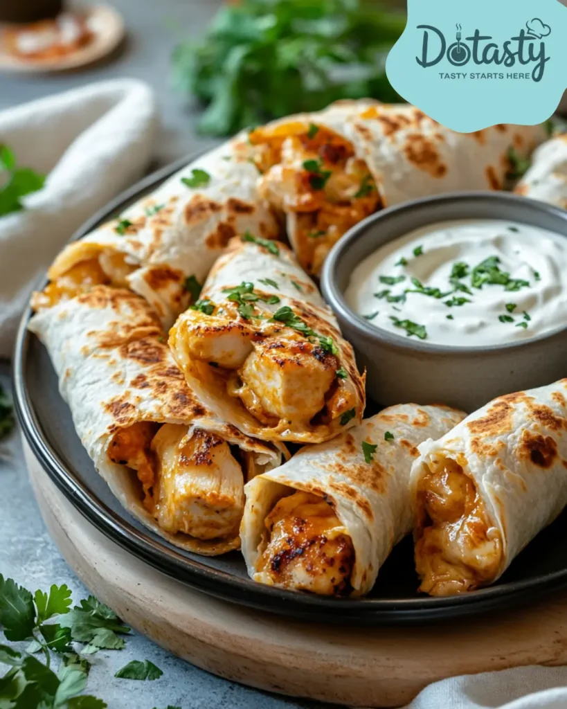 Golden cheesy garlic chicken wraps with a side of creamy dip