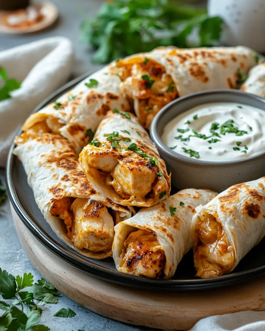 Golden cheesy garlic chicken wraps with a side of creamy dip